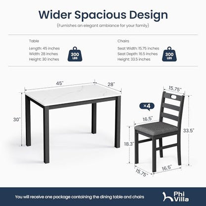 PHI VILLA Dining Table Set for 4, Marble Design Kitchen Table and Chairs | Marble Tabletop, Solid Rubber Wood, Padded Cushion Chairs, Space Saving, Easy Assembly, White Marble&Gray - color: Venatino White Marble&gray