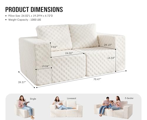 Hobestluk 2 Seater Modular Couch with Deep Seat Oversized Sectional Sofa | PLUSH WHITE,Loveseat,Cozy Fabric,Memory Foam,No Assembly,Cloud Chair,With Pillows,For Livingroom,Free Combination - color: Snow White, size: Loveseat