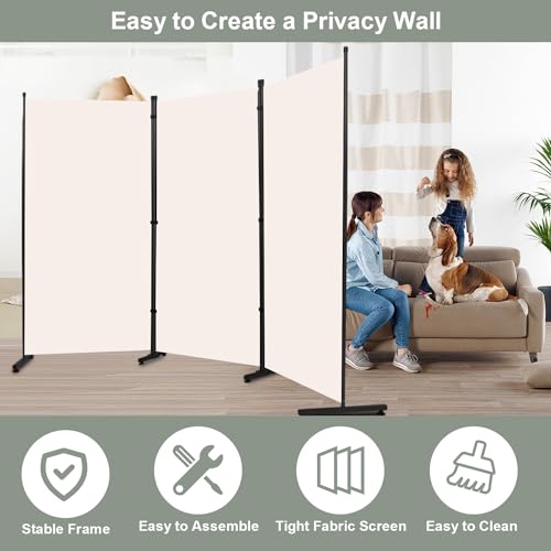 Room Divider 3 Panel Folding Privacy Screen, Round Pad Design Wall Divider | 71''Hx102''W, UV Protection Fabric, Wobble-free Metal Frame, Large 3 Panel Partition Room Dividers, Indoor Window Blackout - color: Beige
