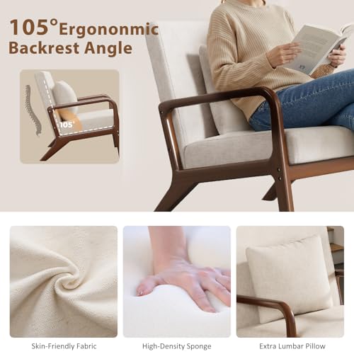 Mid Century Accent Chair with Solid Wood Frame & Linen Fabric, Beige | Upholstered Lumbar Pillow Lounge Chair Linen Fabric Cozy Leisure Chair Walnut Living Room Chair for Bedroom Waiting Room - color: Walnut Wood - Beige Fabric, style: 1 PCS