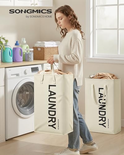 SONGMICS Laundry Hamper, 21.1-Gallon (80 L) Laundry Basket with Handles | Water-Repellent Storage Basket for Laundry Room, Bedroom, Bathroom, Cream White URLH002WD01 - color: Cream White, size: 2 Pack