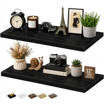 RICHER HOUSE 12 Inch Deep Floating Shelves, 36 Inch Long Wall Shelf, Black | Rustic Wood Wall Mounted Shelves, Bookshelf Set of 2 with Invisible Bracket for Display Bathroom Bedroom Kitchen Living Room - color: Black, size: 36in