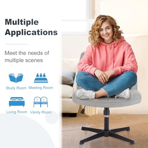 DUMOS Criss Cross Chair No Wheel Legged Office Wide Comfy Desk Vanity Chair, Armless Computer Task Seating Comfy Fabric, Swivel Home Height Adjustable for Bedroom, Study, Grey No Wheel - color: Grey No Wheel