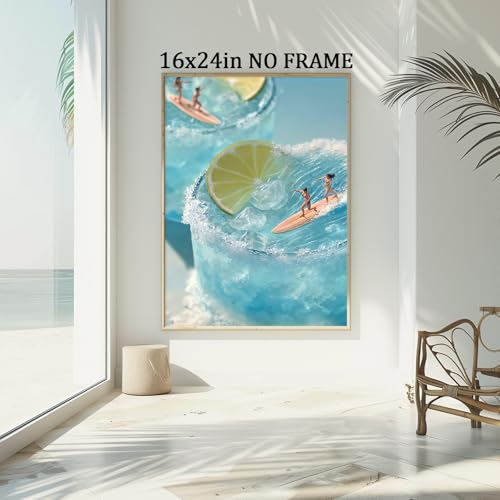 Trendy Cocktail Wall Art Cute Summer Paintings Blue Sea Picture Surfing Girl Poster Lemon Cocktail Art Ocean Wave Artwork Preppy Aesthetic Pictures Coastal Cowgirl Poster for Bedroom 16x24in Frameless - color: H1Unframed