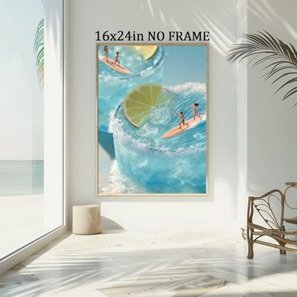 Trendy Cocktail Wall Art Cute Summer Paintings Blue Sea Picture Surfing Girl Poster Lemon Cocktail Art Ocean Wave Artwork Preppy Aesthetic Pictures Coastal Cowgirl Poster for Bedroom 16x24in Frameless - color: H1Unframed
