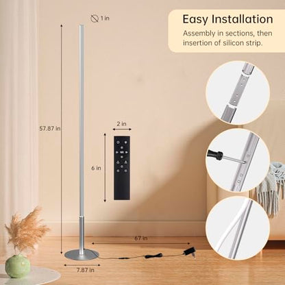 Marlrin Minimalist Corner Floor Lamp, Silver LED Standing Lamp | 57.8” height design with remote control, 2700K-6500K dimmable ambient light for living rooms, bedrooms, and corners