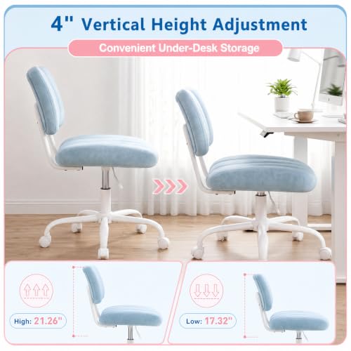 Homkdom Velvet Vanity Chair with Bow Backrest & Height Adjustable,Bedroom | Armless,360 Swivel,Silent Casters for Dressing Room & Living Room, Home Office,Make up,Reading,Blue - color: Blue