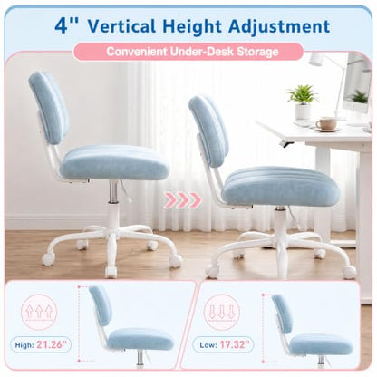 Homkdom Velvet Vanity Chair with Bow Backrest & Height Adjustable,Bedroom | Armless,360 Swivel,Silent Casters for Dressing Room & Living Room, Home Office,Make up,Reading,Blue - color: Blue