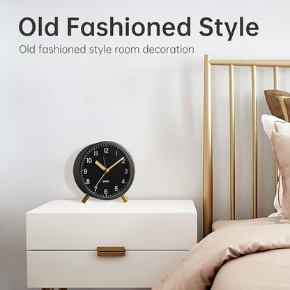 JALL Analog Alarm Clock, 4 inch Super Silent Non Ticking Small Clock with Night Light, Battery Operated, Simple Design, Easy Setting for Office, Bedroom, Bedside, Desk, Teens, Elders, Adult, Black - color: Black+gold