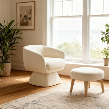Swivel Barrel Chair and Ottoman Set, 360 Degree Club Chair, Comfy Boucle Armchair and Footstool, Upholstered Accent Sofa Chair w/Footrest for Living Room Bedroom Reception Room, White - color: White, size: Swivel chair