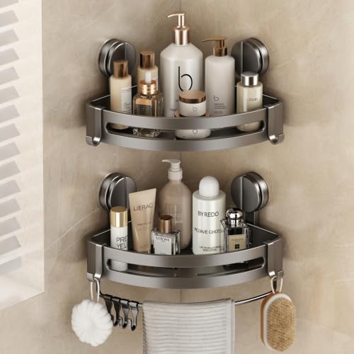 Corner Shower Caddy Suction Cup, 2 Pack Shower Shelves No Drilling, Showers Organizer Storage with Towel Bar & Removable Hooks, Bathroom Shower Shelf Rack for Inside Showers