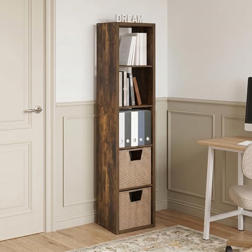 5-Cube Tall Bookshelf, Cubicle Shelf Bookcase with Open Back, Position Reversible Book Shelf, 15 x 16 x 72, for Home Office, Living Room, Amber Pine - color: Amber Pine, size: 5 Tier