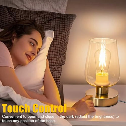 Touch Bedside Table Lamp with Glass Shade, Gold Modern Small Lamp for Bedroom Living Room Nightstand, 3 Way Dimmable Desk Lamp with USB C+A+AC Outlet Charging Ports, 800LM LED Bulb Included - color: Gold