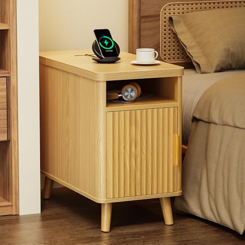 Huuger Narrow End Table with Charging Station, USB-C Port | Fluted Nightstand with Storage Cabinet, Back Rack, Farmhouse Side Table for Small Spaces, Night Stand, Walnut - color: Natural Wood