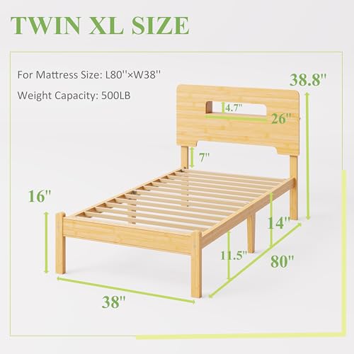Solid Bamboo Wood Twin XL Bed Frame with Storage Headboard, 14 inch Platform Twin XL Bed Frames No Box Spring Needed with Steel Slats, Sturdy and Stable, Easy Assembly, Noise Free - color: Natural, size: Twin XL, style: 14 INCH