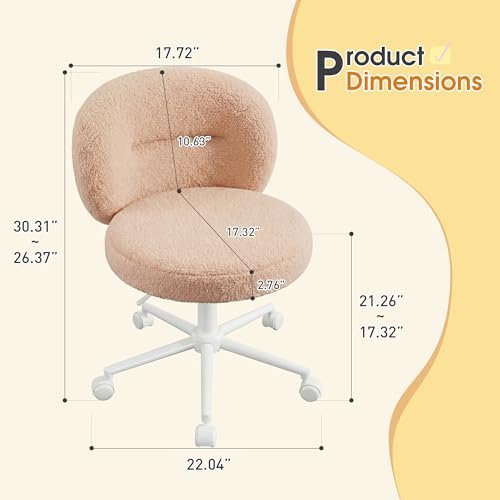 Homkdom Round Vanity Chair with Silent Wheels, 17.32" Wide Seat | Height Adjustable, 360 Swivel & Smooth Rolling, Armless Design for Makeup and Study - Yellow - color: Yellow