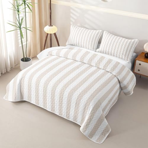 Striped All Season Quilt Set Full,Beige White Stripes Quilted Coverlet for Kids Adults,Classic Vertical Stripe Lightweight All Seasons Bedding,Modern Geometric Minimalist 3Pcs with 2 Pillow Shams - color: Beige White Stripes, size: Full