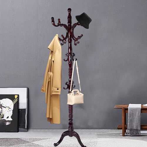 Coat Racks FreeStanding with 14 Hooks, Natural Wood Coat Rack with Solid Round Base, Adjustable Height Coat Racks, Easy Assembly for Hallway, Bedroom and Office (Reddish brown-Tri-Legged Base) - color: Reddish brown-Tri-Legged Base
