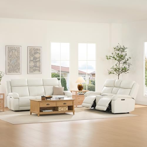 Watson & Whitely Genuine Leather Power Recliner Sofa & Loveseat Set, Cream | Wall Hugger Reclining Sofas, Power Headrest, Center Storage Console, Charging Ports, Cup Holders, Living Room Furniture Set - color: Cream, style: Loveseat+3 Seater Sofa