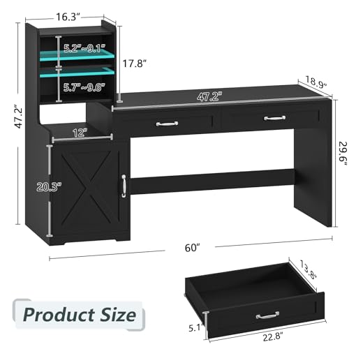 60" Computer Desk with Drawers & Bookshelves for Bedroom, Home Office | Black Desk with Bookcase & Drawers, Executive Desk Writing Study Table with Storage, Home Office Desks - color: Black