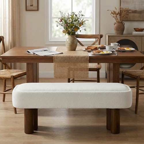 Christopher Knight Home Damas Fabric Upholstered Dining Bench, Wooden Entryway Bench, Long Sofa Footstool for Living Room, Bedroom End of Bed Bench, Milky White+Walnut - color: Milky White+walnut