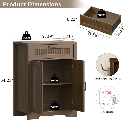 Fluted Buffet Sideboard Cabinet with Storage, Buffet Table with Drawer | Modern Buffet Table with Drawer & Doors, Wood Coffee Bar Console Table with Adjustable Shelf for Kitchen, Living Room, Walnut - color: Walnut, size: 2 Doors & Drawer