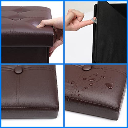 Bsketa 2PC Storage Ottoman, Folding Foot Stool with Thicker Foam Padded Seat Small Leather Storage Ottoman Bench Foot Rest for Living Room Foldable Coffee Table 17x13x13in,Brown | Ottoman with Storage, Thicker Foam Padded Seat, Living Room, Dorm, Bedroom,