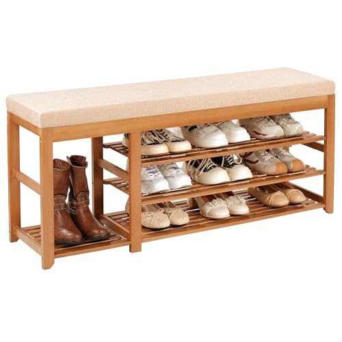 PETKABOO 47.2 in Shoe Rack Bench with Cushion, 3 Tier Bamboo Entryway Bench with Storage for Entryway, Hallway, Bedroom, Living Room - color: Brown, style: 47 in