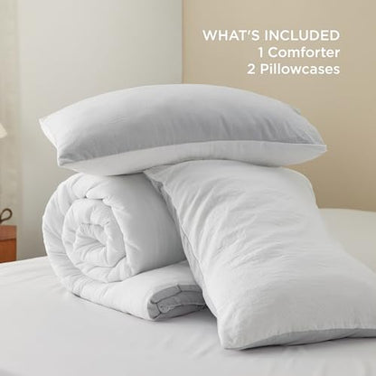 Bedsure Queen Size Comforter Set, Reversible White Soft Prewashed Bedding for All Seasons, 3 Pieces Warm Down Alternative Bed Set, 1 Lightweight Comforter (90"x90") and 2 Pillowcases (20"x26")