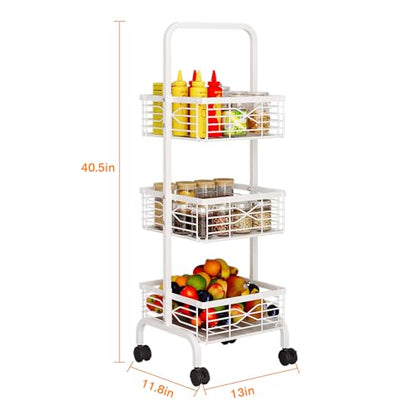 3 Tier Rolling Cart, Heavy Duty Metal Utility Cart with 4 Lockable Wheels & Handle, Multi-Purpose Storage Organizer for Kitchen, Bathroom, Laundry Room, Pantry, Office, Craft, Makeup (White) - color: White
