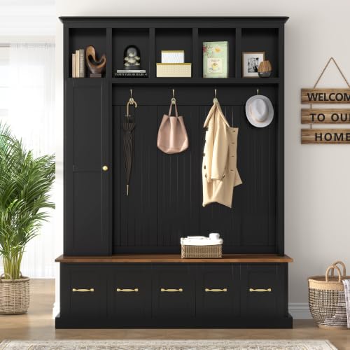 Farmhouse Hall Tree with Storage Cabinet & Shoe Bench, Black | 78.7'' Tall Entryway Organizer with 1 Door, 5 Overhead Display Cubbies & 5 Coat Hooks for Hallway Living Room Mudroom - color: Antique Black, size: 59.2''D x 15.7''D x 78.7''H