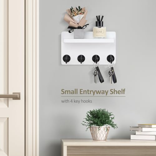 Nekon Key Holder Wall Mount, 8.5 Inch Small Home Decor Wooden Wall Organizer with 4 Hooks and Shelf, Wall Decor for Living Room Entryway Kitchen (White) - color: White