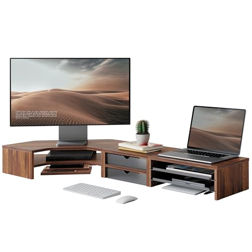 Fenge Dual Monitor Stand, Corner Desk Shelf with Drawer & Slide-Out Tray | Modular Design for Flexible Layouts, 2-Tier Storage Desktop Organizer for Computer, Laptop, Printer and Telephone - color: Brown
