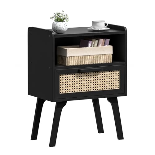 Lerliuo Rattan Nightstand, Bedside Table with Drawer Open Shelf | Cane Accent Side End Table with Solid Wood Legs, Black Mid Century Night Stand for Bedroom, Dorm and Small Spaces - color: Black With Natural, size: 1 pack