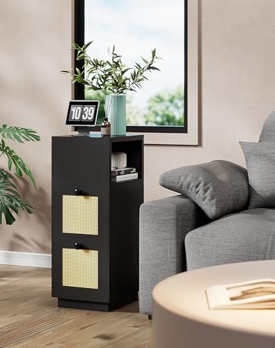 YMYNY Rattan Nightstands Set of 2, Boho Bedside Table with Open Shelf, 2 Drawers, 9.45" x 11.42" x 25.59", Narrow Side Table, Bedside Cabinet for Bedroom and Small Spaces, Black UHST017B-2 - color: Black