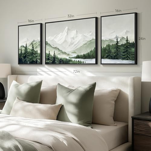 Framed Green Mountain Wall Art for Living Room, 3 Piece Forest Landscape Canvas Artworks, Large Modern Nature Scenery Painting Prints for Dining Room Hallway Home Office Wall Decor - color: Green White, size: 32" W x 24" H x 1 Pcs + 16" W x 24" H x 2 Pcs