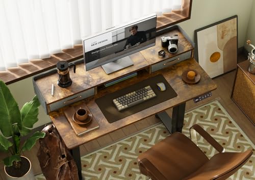 Claiks Standing Desk with Drawers & Wheels, 2 Height Shelf 48" Rustic Brown | 2 height adjust shelf, tabletop drawers, felt fence design, sturdy supports 176 lbs, 4 wheels, 2 tire monitor stand - color: Rustic Brown, size: 47.2×23.6