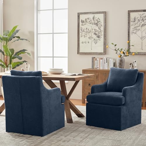 VKNOW Upholstered Dining Chairs Set of 2, Dining Room Chairs with Casters | Modern Rolling Dining Chairs with Armrest, Soft Chenille Fabric, Washable Cover, Easy Assembly, Living Room, Bedroom, Blue - color: Blue, size: 2