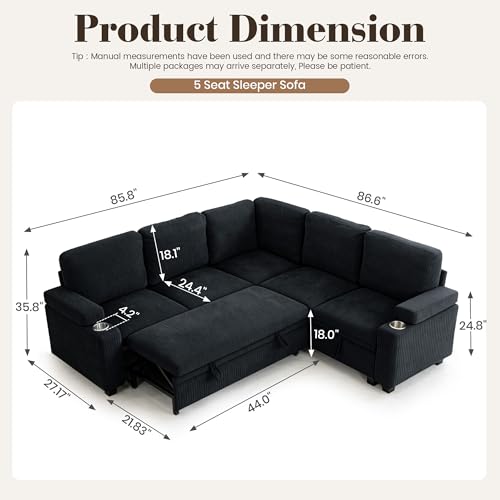 85" Modular Sectional Sofa Bed with Cup Holders, L-Shaped Pull Out Couch | VIKAYAMICS Sleeper Sofa with Storage, Modern Corduroy Sectional Couches for Living Room, Apartment (Dark Navy, 5 Seat) - color: Dark Navy, size: 85 inch