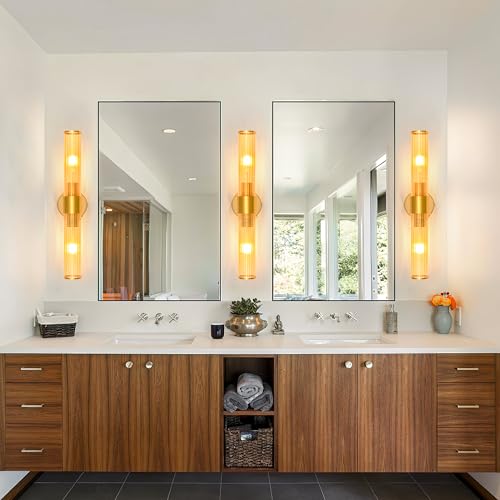 Morauroral Gold Battery Operated Wall Sconces Set of 2, Rechargeable Wall Lights with Remote Control, 20 Inch Modern Wireless Wall Lamp for Bedroom, Living Room with Amber Shade (Bulbs Included) - color: Gold（Amber Glass）