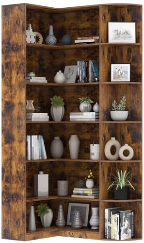 Bookshelves, 6 Tiers Shelf Large Tall Corner Etagere Bookcase with Full Baffle, L-Shaped Modern Storage Display Industrial Book Shelf for Bedroom, Home Office, Living Room & Kitchen, Rustic - color: Rustic