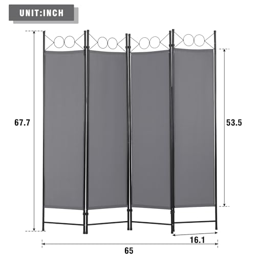 4 Panel Room Divider 6FT Steel Frame Screen Folding Privacy Divider Freestanding Partition for Home Office Bedroom,Grey - color: Grey
