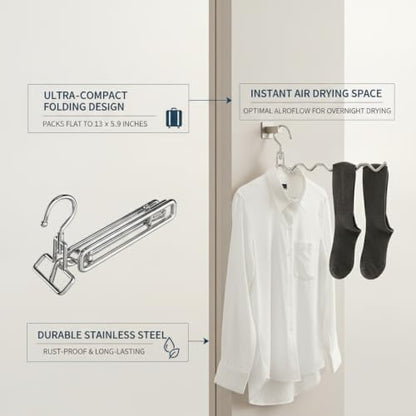 Compact Foldable Profile Stainless Steel Hanging Dry Rack, 5-Slot Travel Laundry Organizer for Apartments and Small Spaces