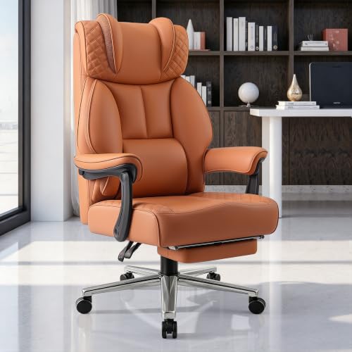 BestGlory Office Desk Chair, Big and Tall Leather Gaming Chair with Footrest, Ergonomic Comfy Executive High-Back Reclining Computer Chairs, Wide Swivel Rolling Wheels and Padded Lumbar Support, Brown - color: Terracotta, style: Freely Reclining