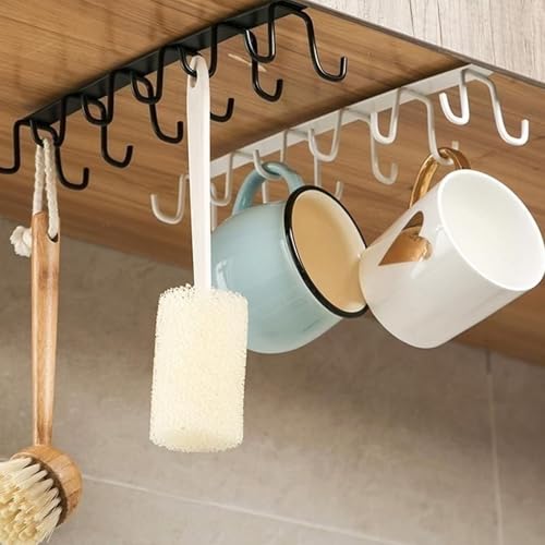 2 Pack Under Cabinet Hook Rack, 12-Hook Double Row Metal Hanging Organizer for Kitchen Utensils, Mugs, Closet Accessories, No Drill Shelf Hanger – Black & White