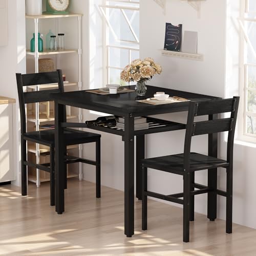 Hooseng 3 Piece Dining Table Set for 2, Small Wooden Kitchen Table with Storage, Farmhouse Square Dinette Set for Dining Room, Breakfast Nook, Apartment, Small Space - color: Black