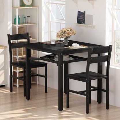Hooseng 3 Piece Dining Table Set for 2, Small Wooden Kitchen Table with Storage, Farmhouse Square Dinette Set for Dining Room, Breakfast Nook, Apartment, Small Space - color: Black