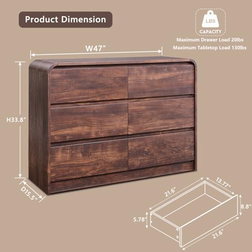 Aitjunz Modern 6 Drawers Dresser for Bedroom, 47" Wide Wood Dressers & Chests of Drawers w/Curved Profile Design, Mid Century Modern Dresser w/Natural Texture for Bedroom, Living Room, Brown - color: Brown, size: 15.5"D x 47.2"W x 33.9"H (6 Drawers)