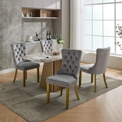 KEIKI Velvet Dining Chair, Upholstered Tufted Accent Seat | with Golden Solid Wood Legs for Dining Room Kitchen Room, Light Gray - color: Light Gray