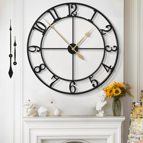 Large Wall Clock for Living Room Decor - 100cm/ 40 Inch Nearly Silent Non-Ticking Metal Wall Clocks Battery Operated, Vintage Decorative Modern Wall Clock for Bedroom, Office, Farmhouse Decor - color: Black - Arabic Numerals, size: 100CM